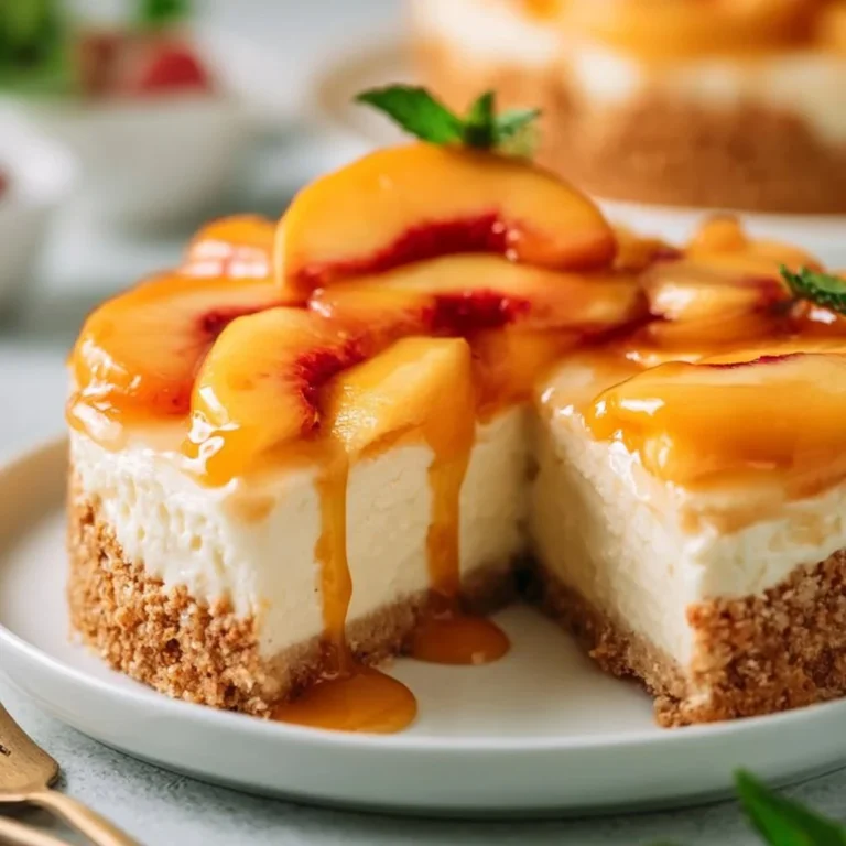 Delicious no-bake peach cheesecake topped with fresh peach slices