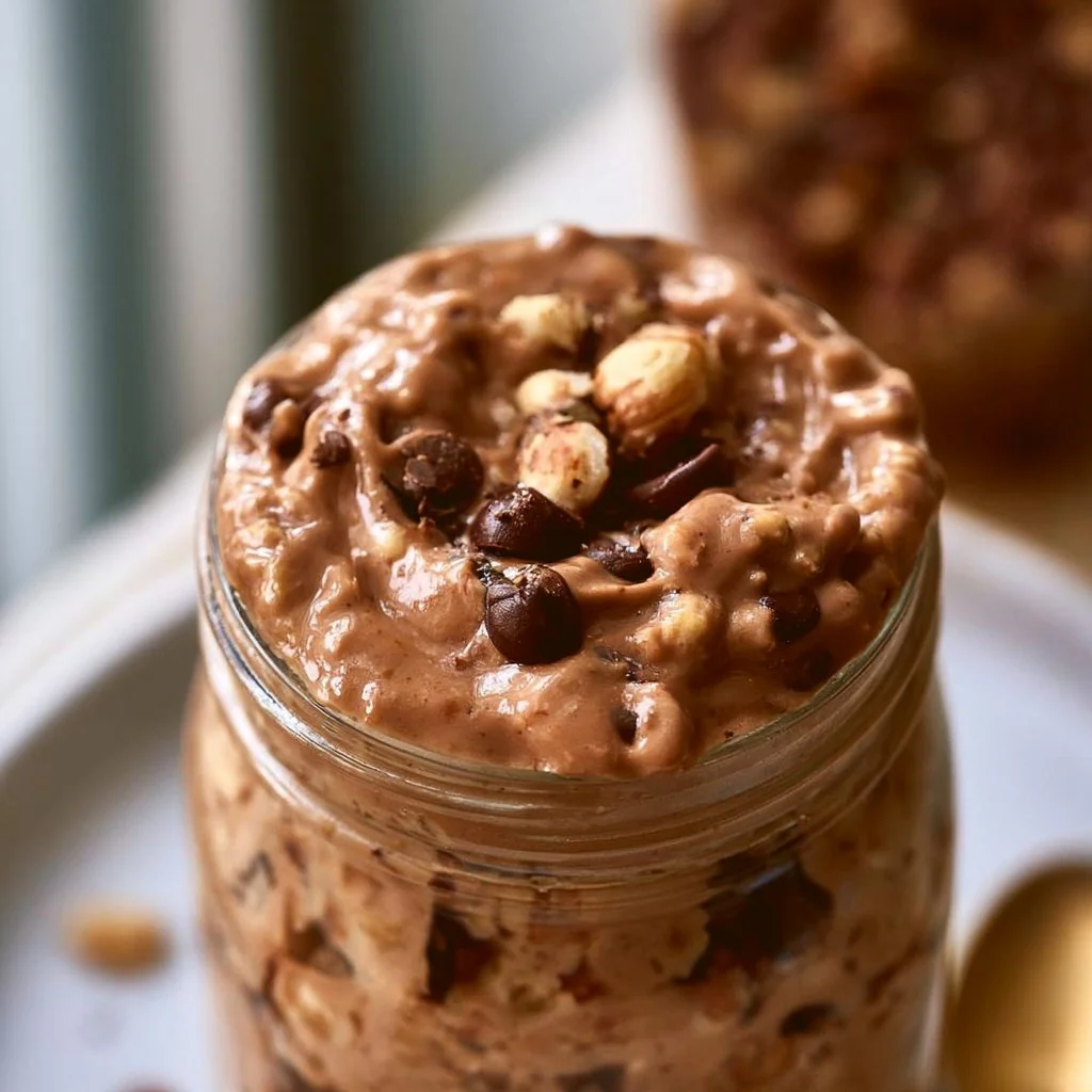 Bowl of nourishing chocolate peanut butter overnight oats topped with bananas and chocolate chips
