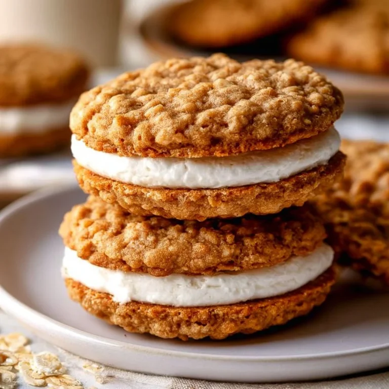 Freshly baked Oatmeal Cream Pie Cookies with creamy filling