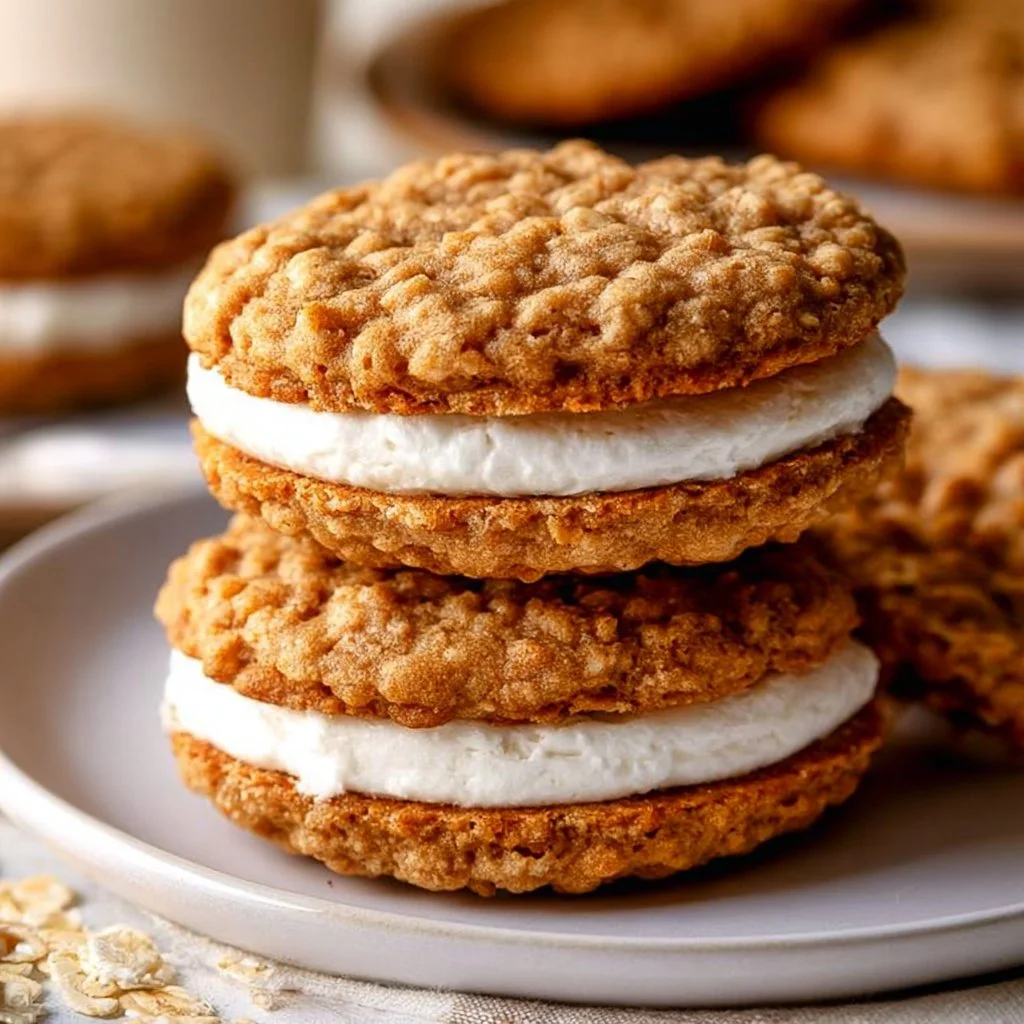 Freshly baked Oatmeal Cream Pie Cookies with creamy filling
