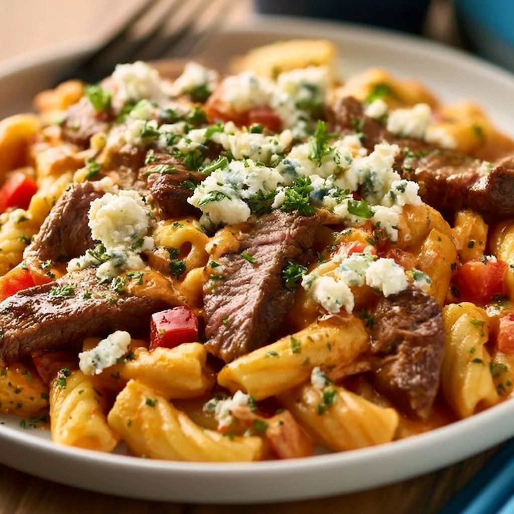 One Skillet Buffalo Ranch Steak Pasta served in a dish