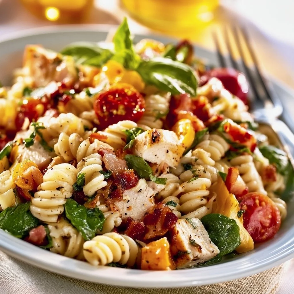 Pasta Salad with Chicken and Bacon served in a colorful bowl
