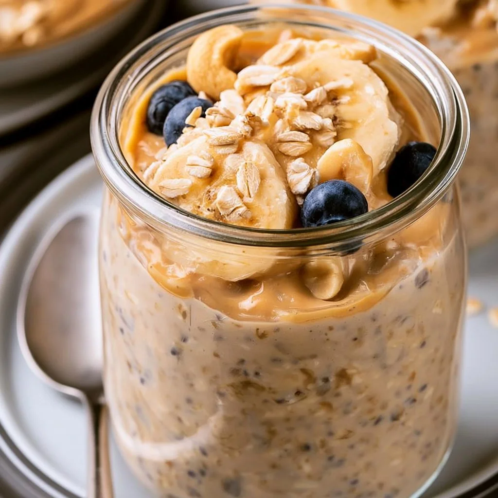 Bowl of peanut butter overnight oats topped with bananas and chia seeds