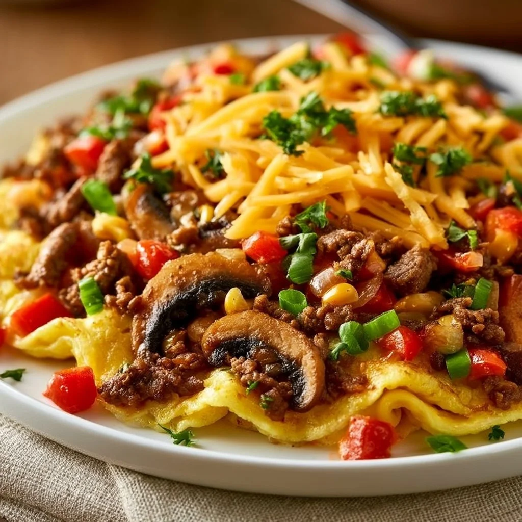 Philly Cheesesteak Omelette with cheese, peppers, and onions on a plate