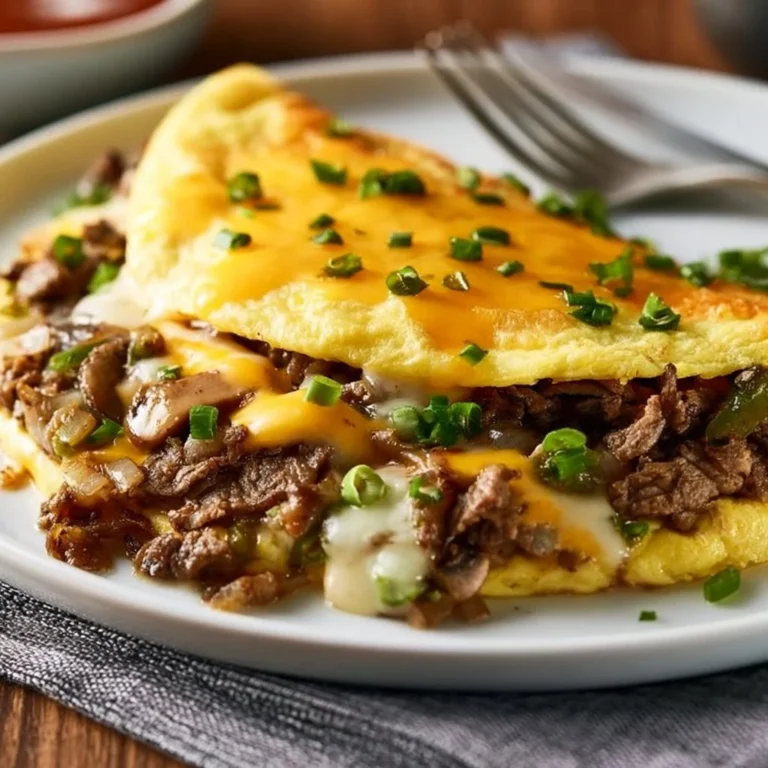 Philly Cheesesteak Omelette served with peppers, onions, and melted cheese.