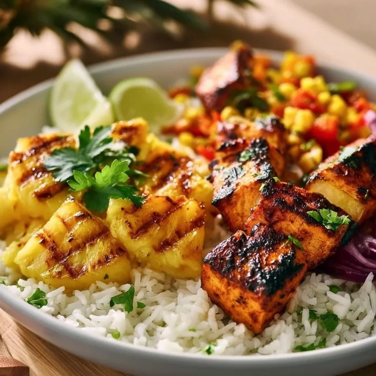 Delicious pineapple chicken kebab served with rice and fresh vegetables in a bowl.