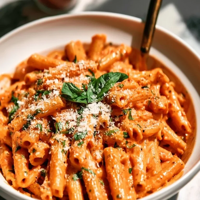 Delicious pink sauce pasta topped with fresh basil and grated parmesan