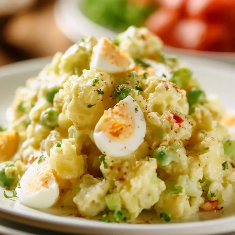 Delicious potato salad with egg in a bowl garnished with herbs.