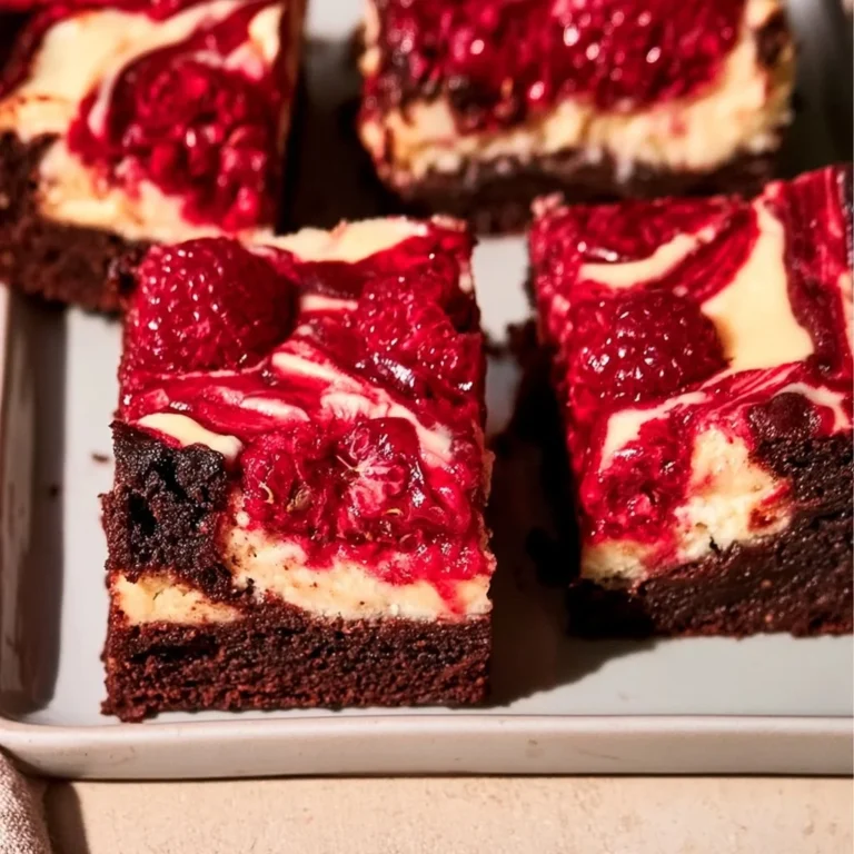 Delicious Raspberry Cheesecake Brownies topped with fresh raspberries