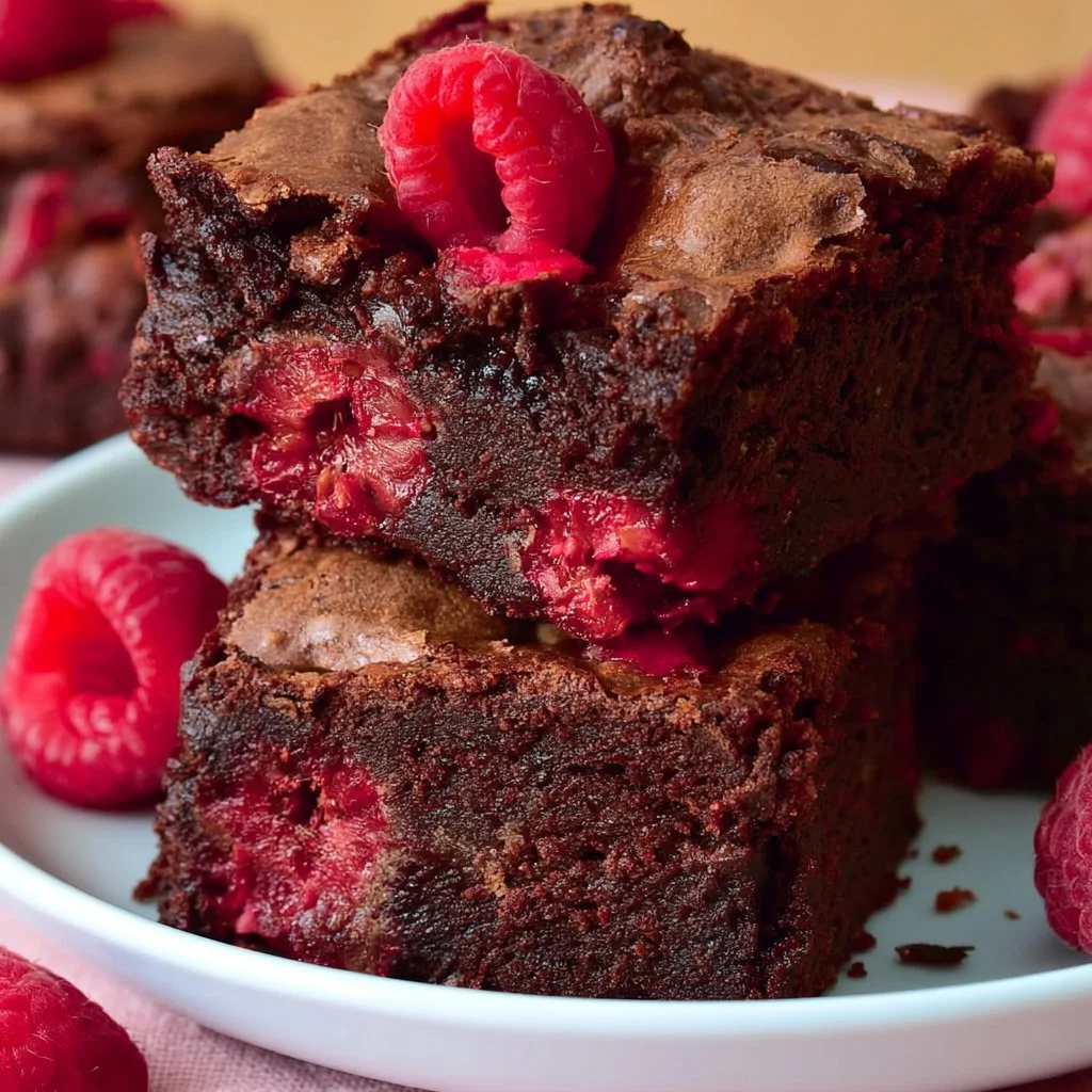 Deliciously fudgy Raspberry Chocolate Brownies topped with fresh raspberries.