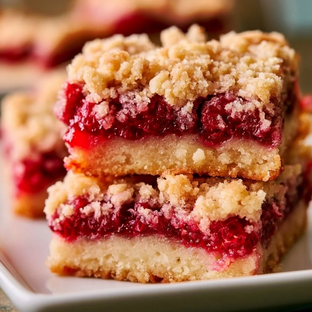 Delicious Raspberry Crumb Bars fresh out of the oven, topped with crumbly streusel.