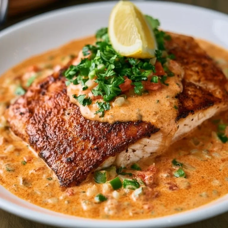 Delicious Red Snapper topped with Creamy Creole Sauce on a plate