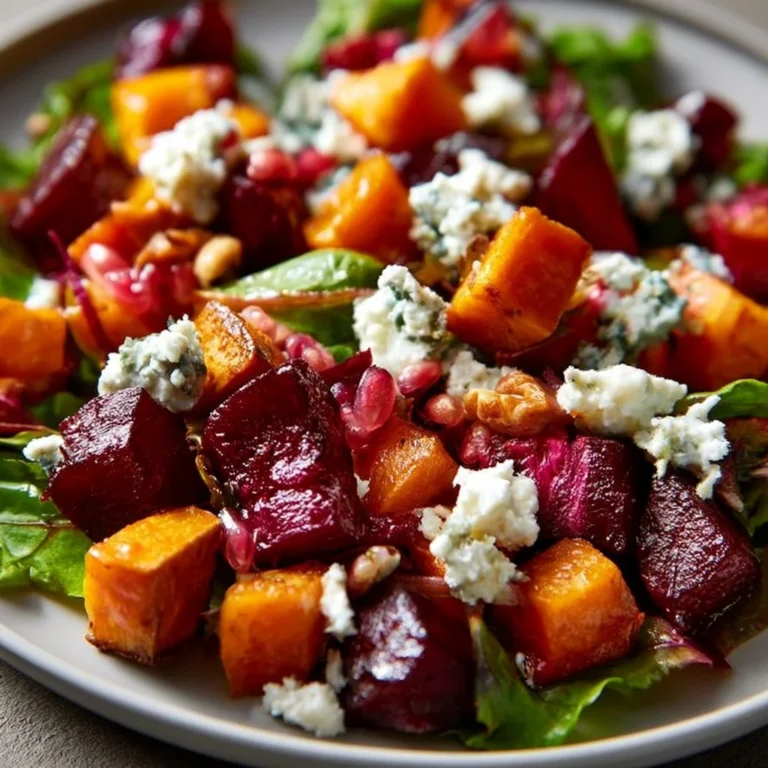 Roasted beet and sweet potato salad garnished with fresh herbs and feta cheese