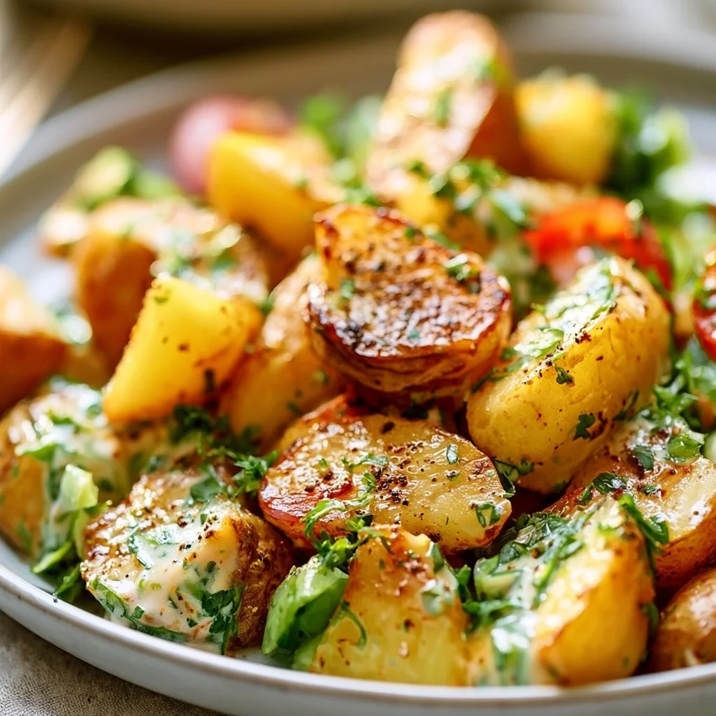 Delicious roasted potato salad served in a bowl with fresh herbs