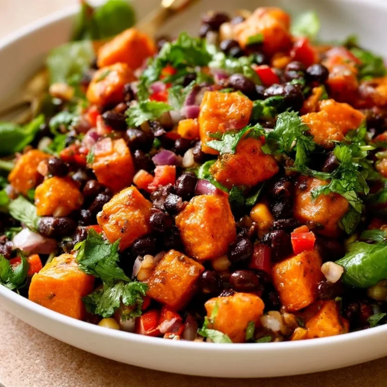 Roasted sweet potato salad with black beans and fresh herbs in a bowl