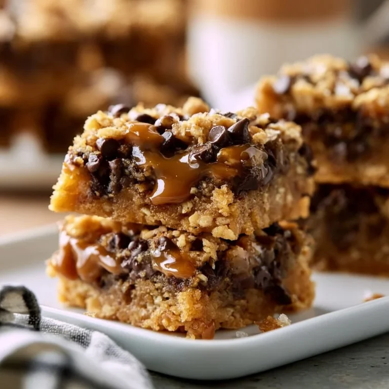 Delicious salted caramel chocolate chip oat cookie bars on a plate