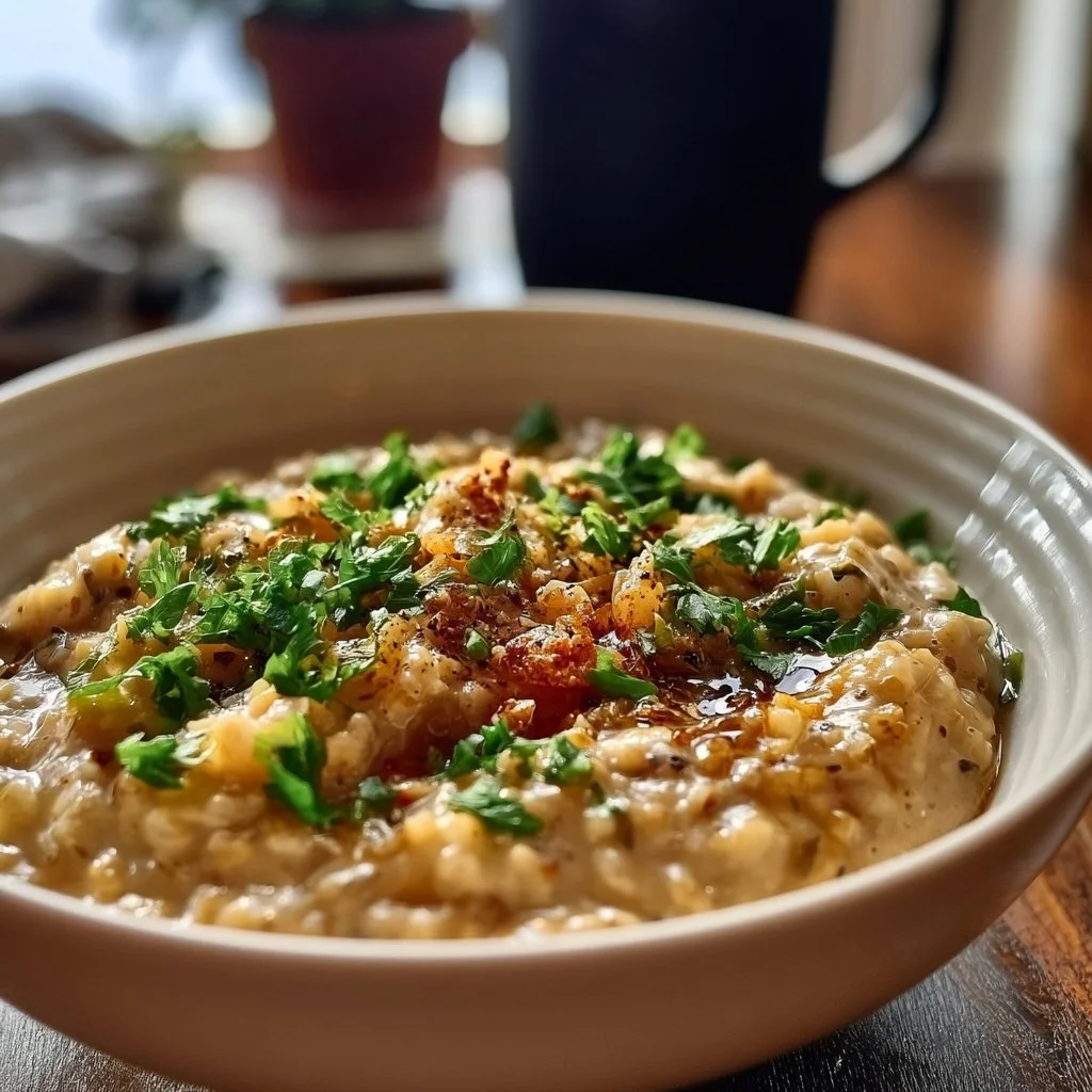Savory oatmeal bowl topped with fresh vegetables and herbs for a nourishing meal.