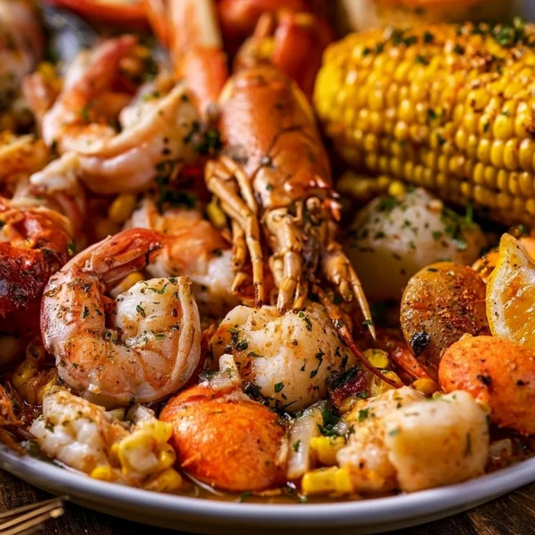 Delicious seafood boil with shrimp, crab, corn, and potatoes in a large pot.