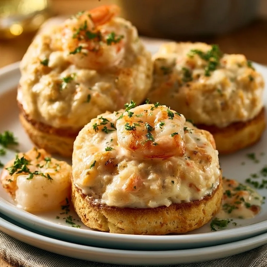 Shrimp Crab Biscuit Melts served on a platter, showcasing golden flaky biscuits and seafood filling.