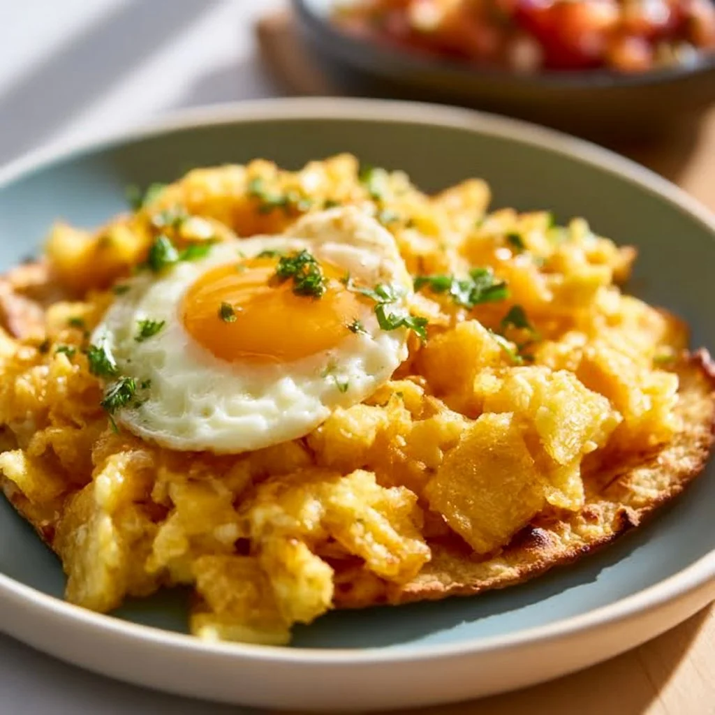 Colorful simple Mexican breakfast dish with eggs, tortillas, and fresh ingredients.