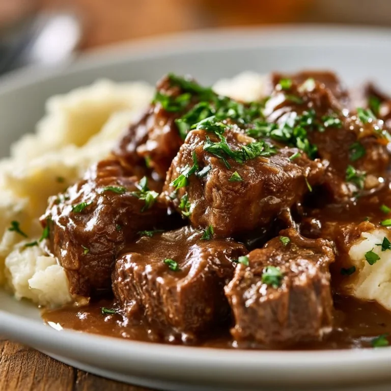 Slow cooker beef tips with rich gravy served on a plate