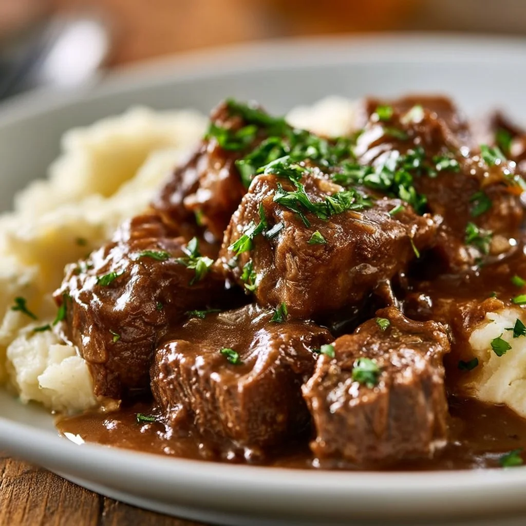 Slow cooker beef tips with rich gravy served on a plate