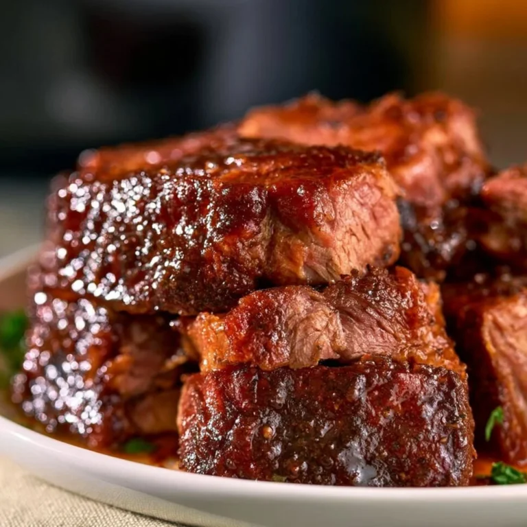 Slow cooked boneless pork ribs served with barbecue sauce on a plate
