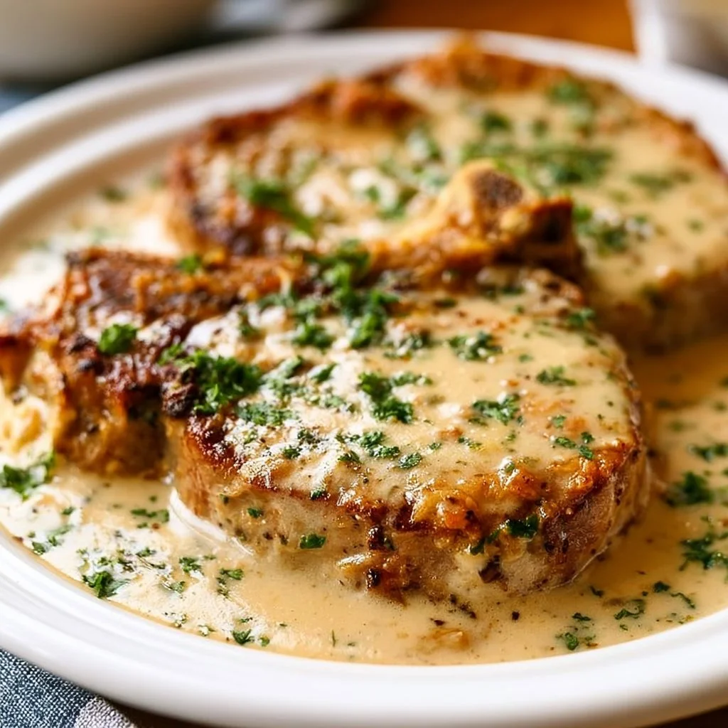 Slow cooker creamy garlic parmesan pork chops served on a plate.