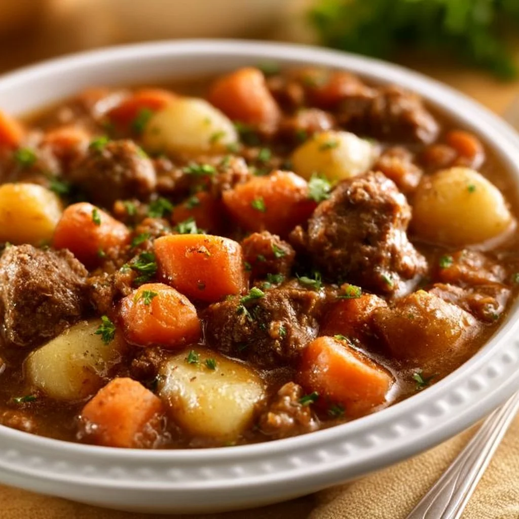 Slow cooker ground beef stew with vegetables and herbs