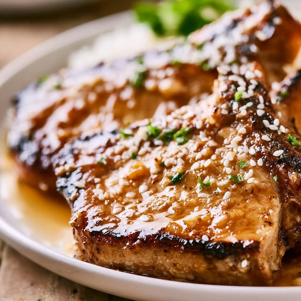 Delicious slow cooker honey garlic butter pork chops ready to serve