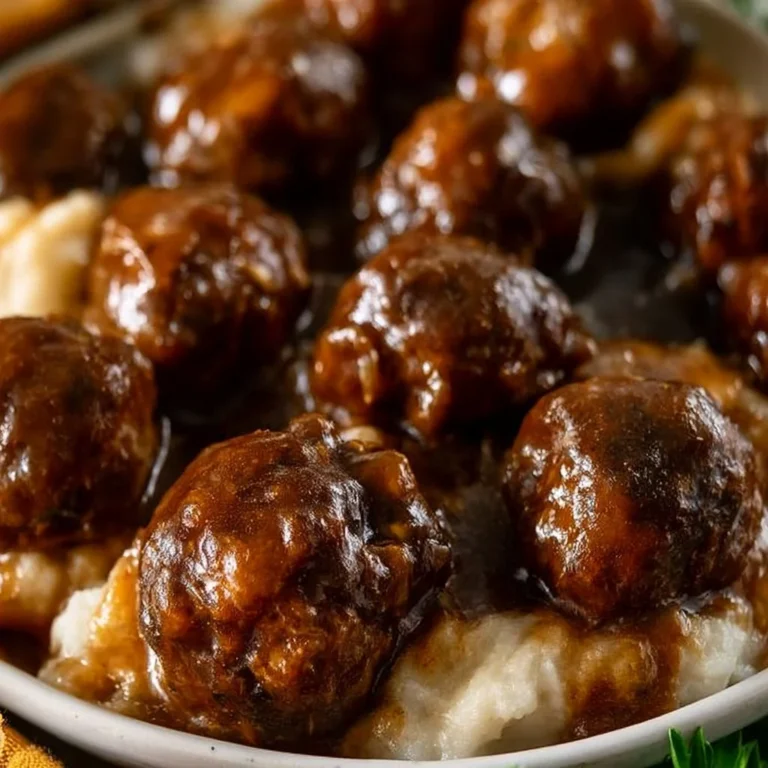 Slow Cooker Salisbury Steak Meatballs served with gravy and mashed potatoes
