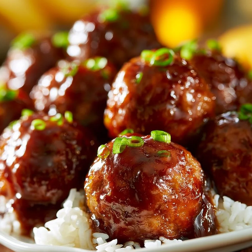 Slow cooker teriyaki meatballs in a savory sauce served on a plate