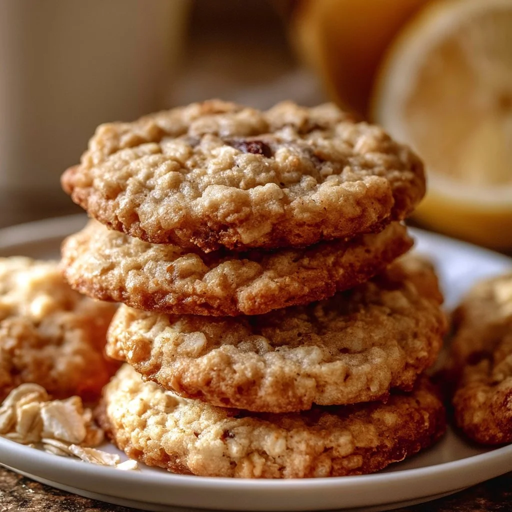 Plate of soft oatmeal breakfast cookies with raisins and nuts