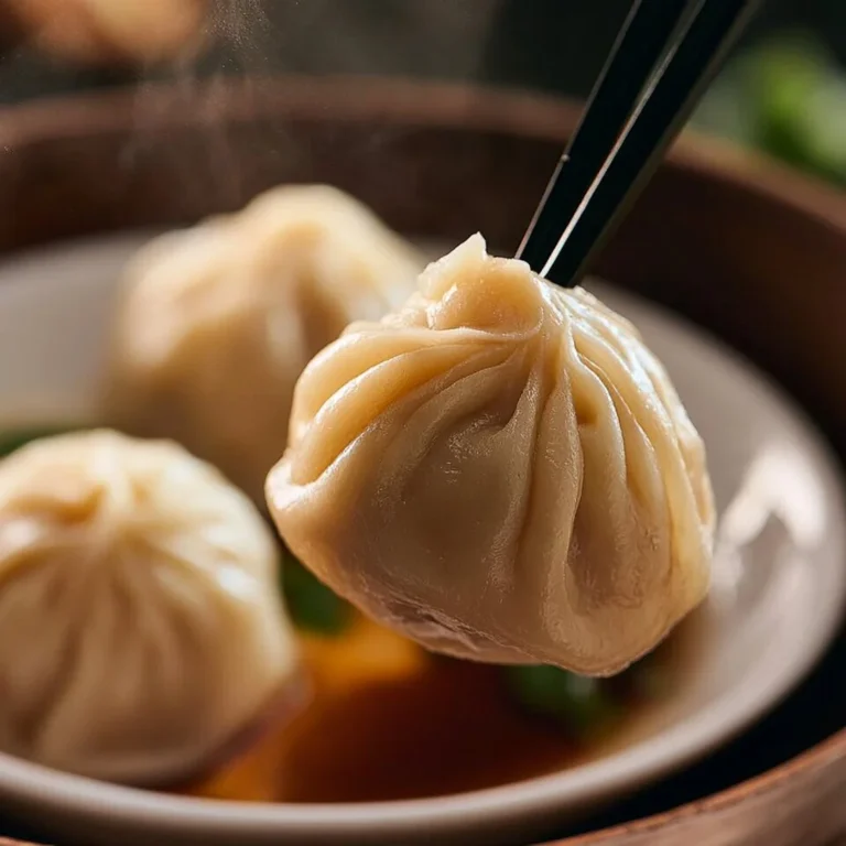 A plate of steaming soup dumplings, showcasing their delicate wrappers and flavorful broth.
