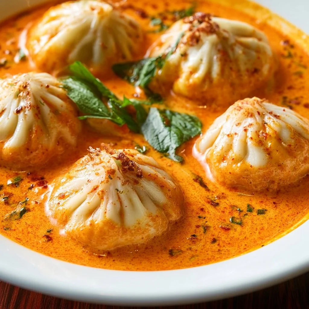 Soup dumplings served in spicy Thai red curry sauce