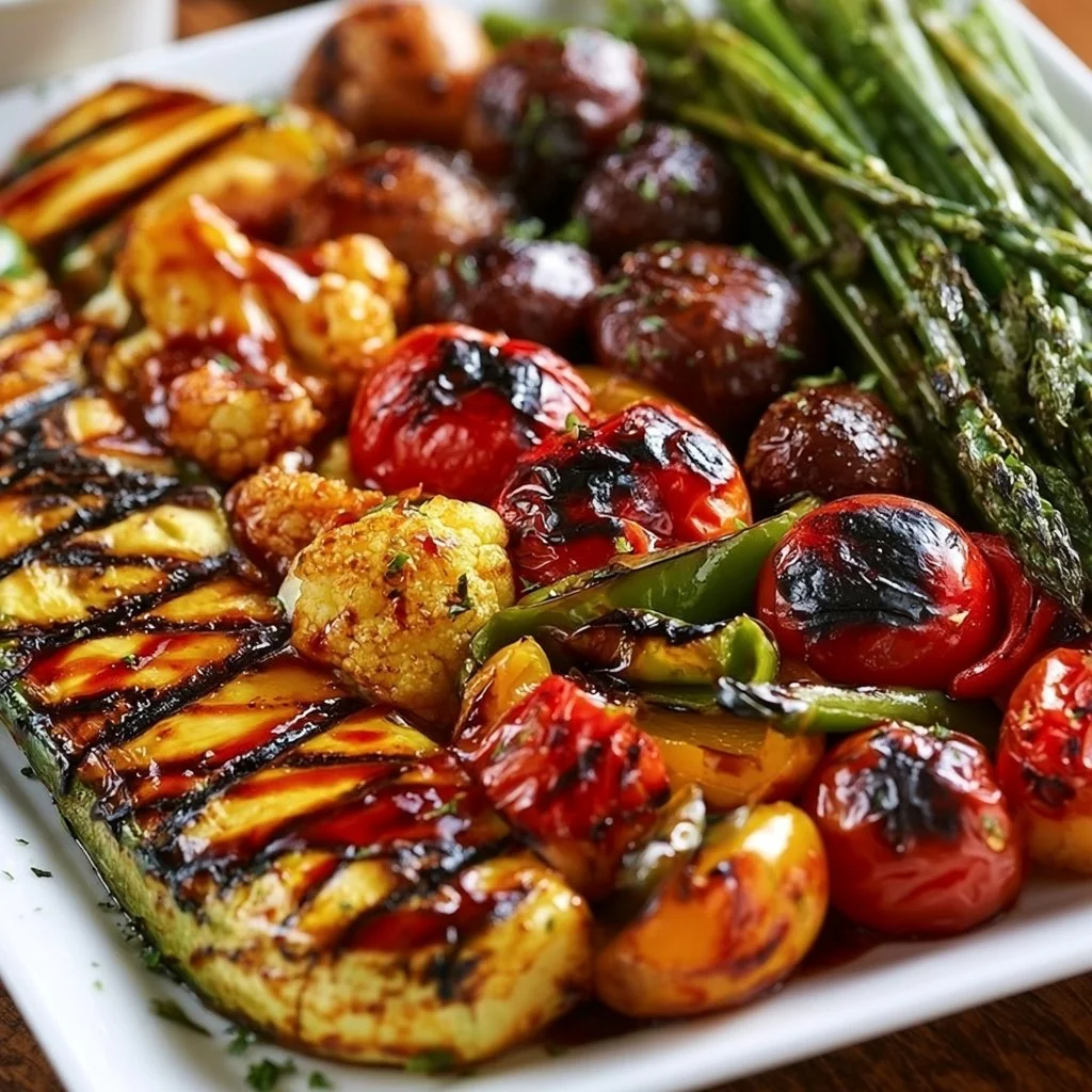 Spicy grilled veggie platter with colorful vegetables and BBQ glaze