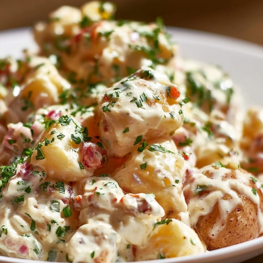 Creamy steakhouse potato salad with fresh herbs and spices