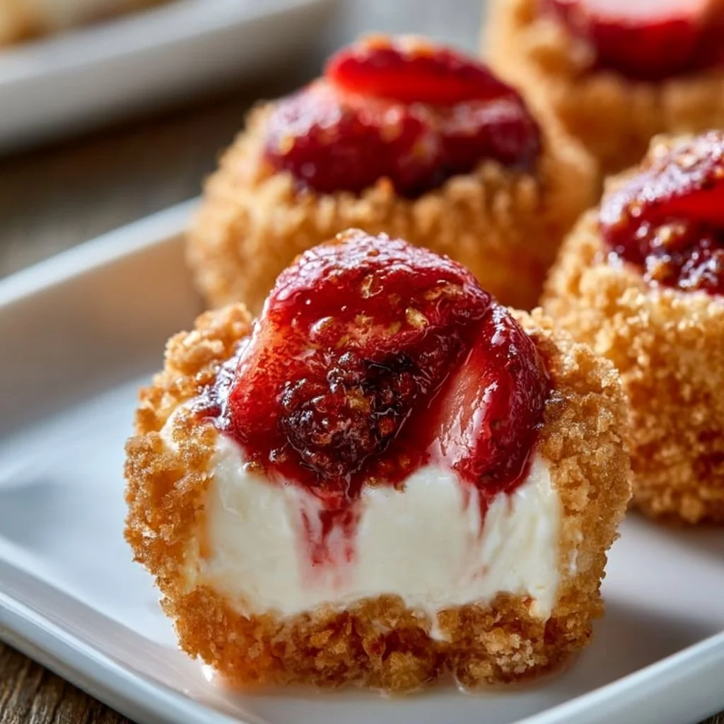 Strawberry Crunch Cheesecake Bites displayed on a plate, garnished with strawberries.