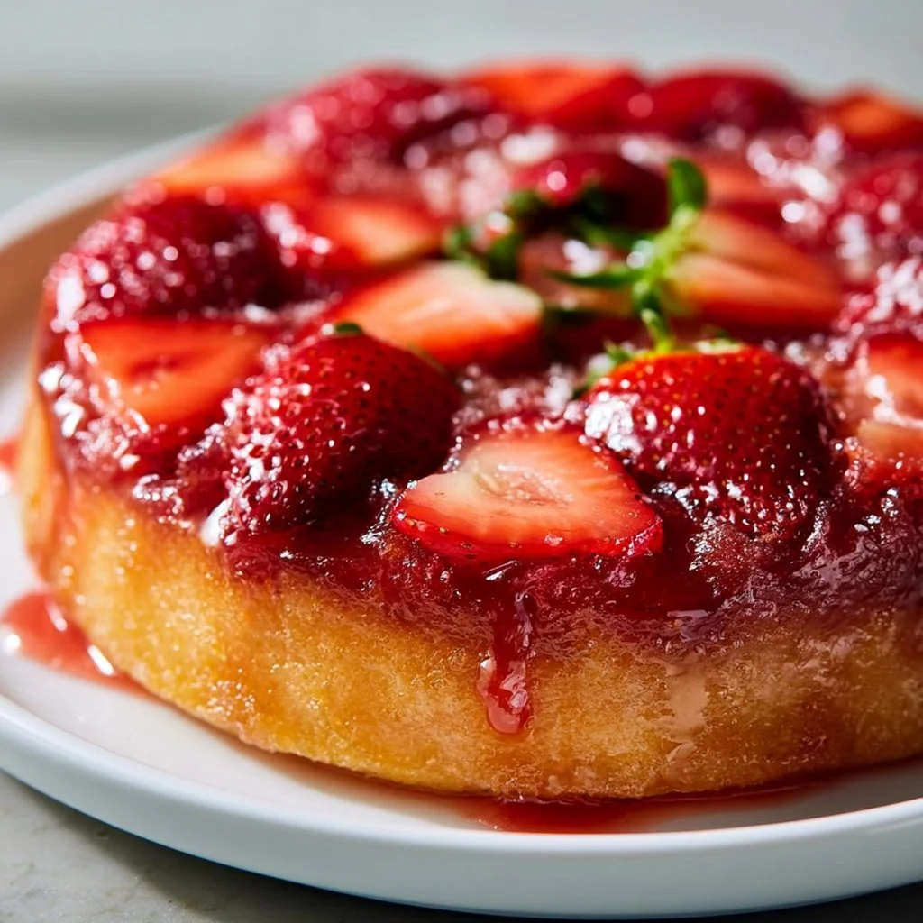 Delicious Strawberry Upside Down Cake served on a plate
