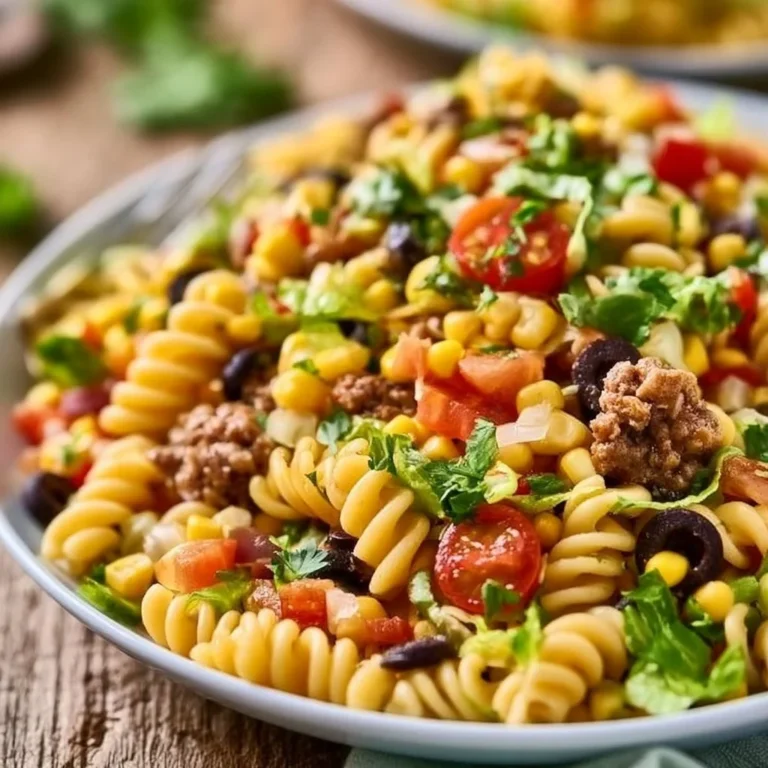 Colorful Taco Pasta Salad with fresh vegetables and vibrant dressing