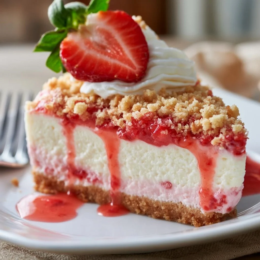 Slice of strawberry crunch cheesecake topped with fresh strawberries and whipped cream