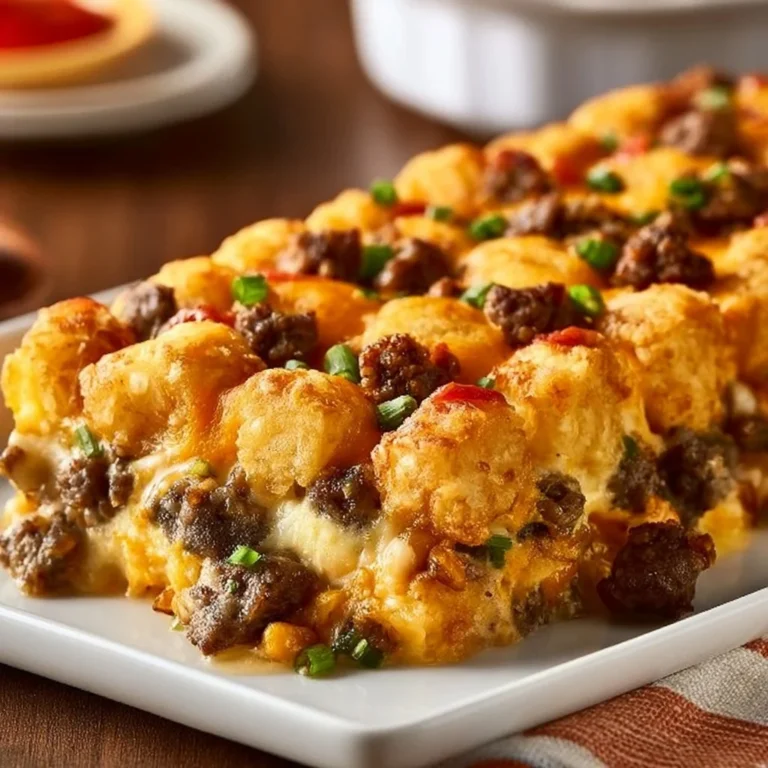 Delicious tater tot sausage breakfast casserole served in a baking dish