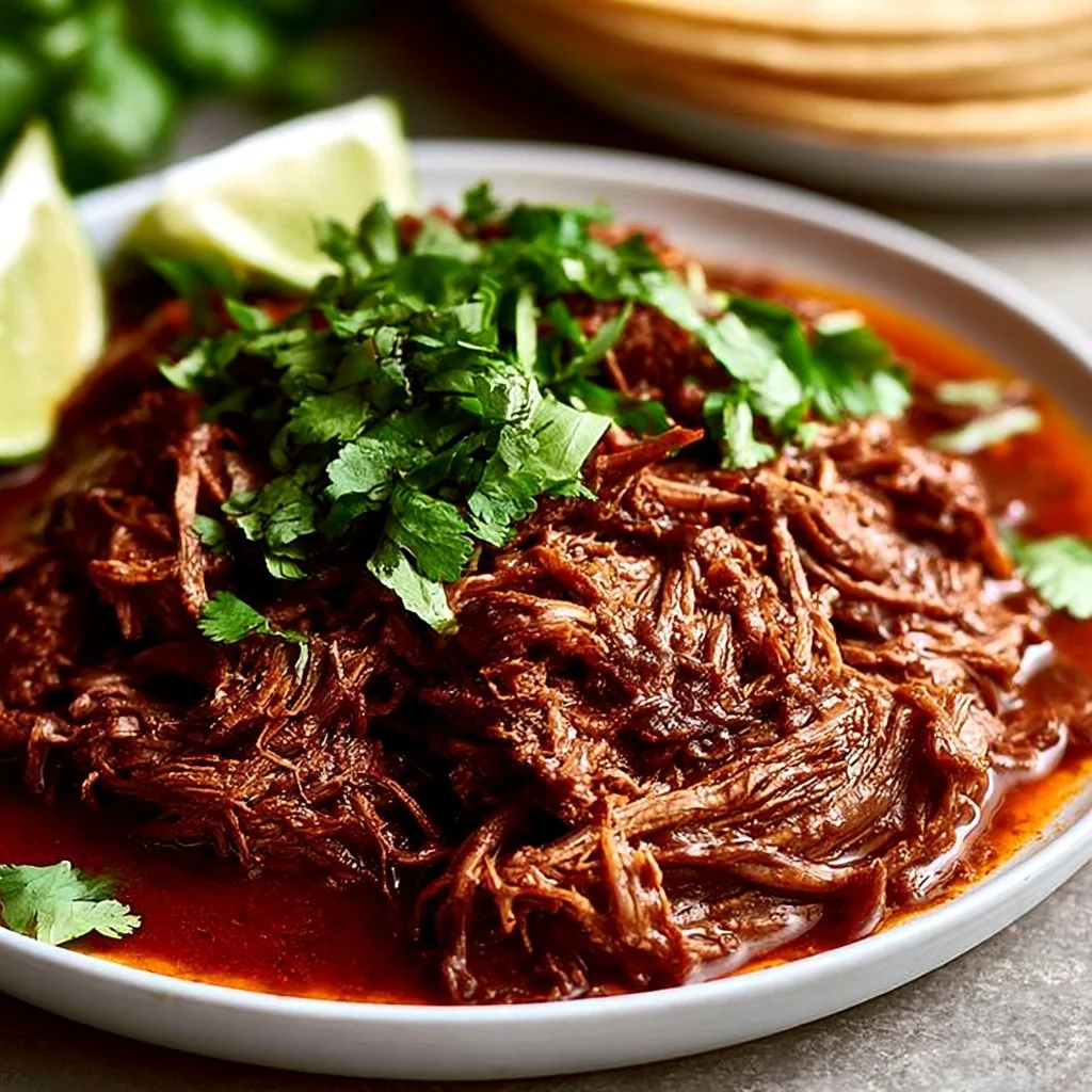 Tender crockpot beef barbacoa served with fresh toppings