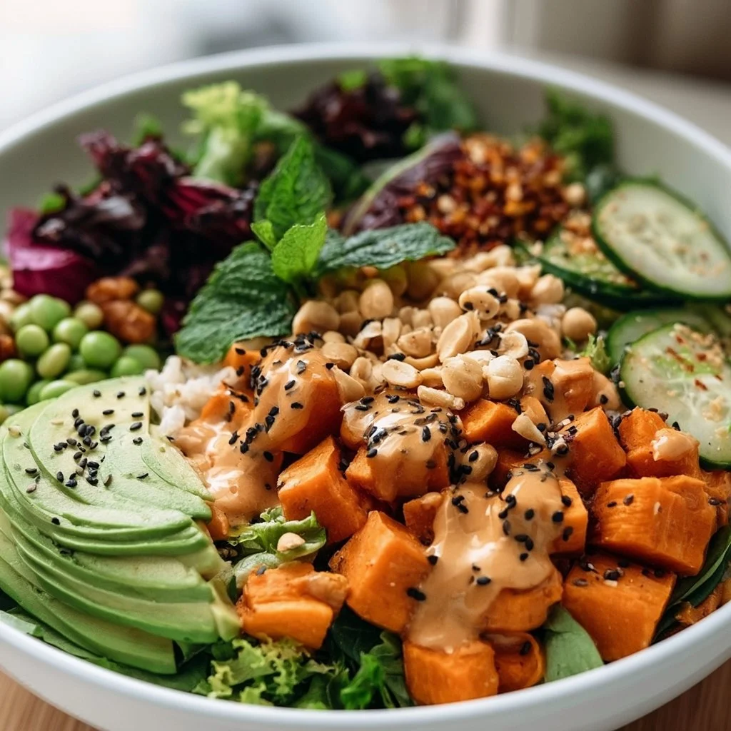 Delicious Thai Peanut Sweet Potato Buddha Bowl with vibrant vegetables and toppings