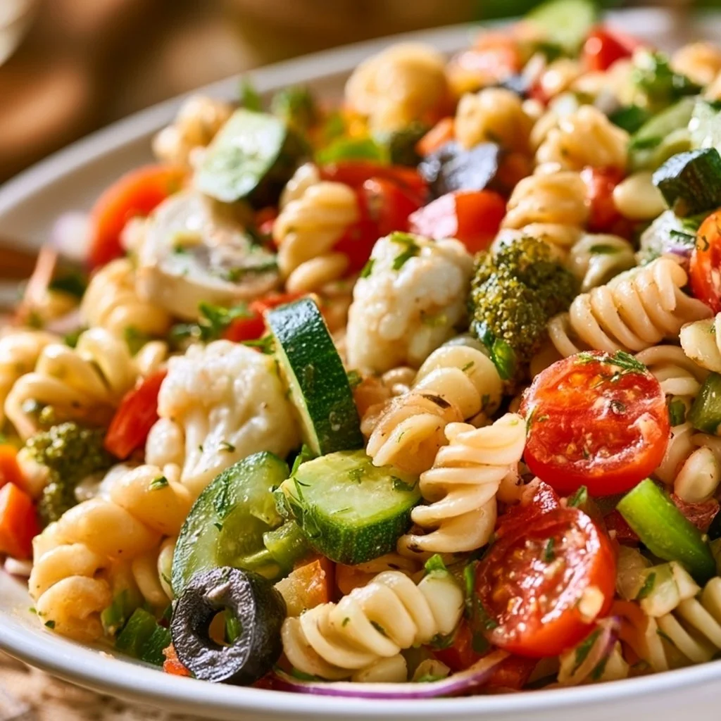 Colorful Vegetable Pasta Salad with fresh veggies and dressing
