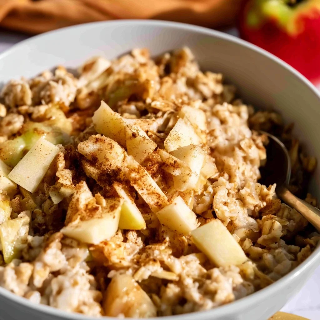 Delicious warm apple cinnamon oatmeal bowl topped with fresh apples and spice
