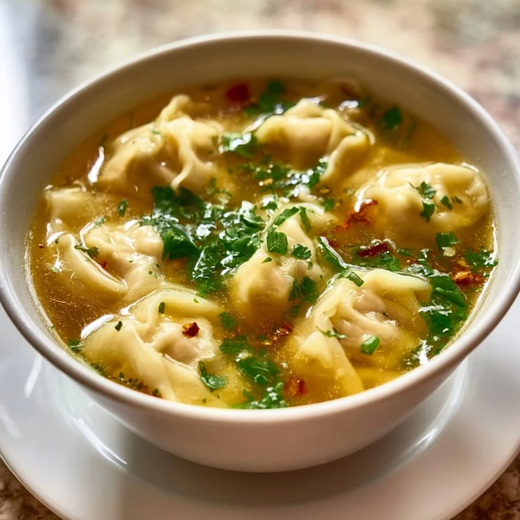 Wonton-style chicken dumplings simmered in flavorful broth