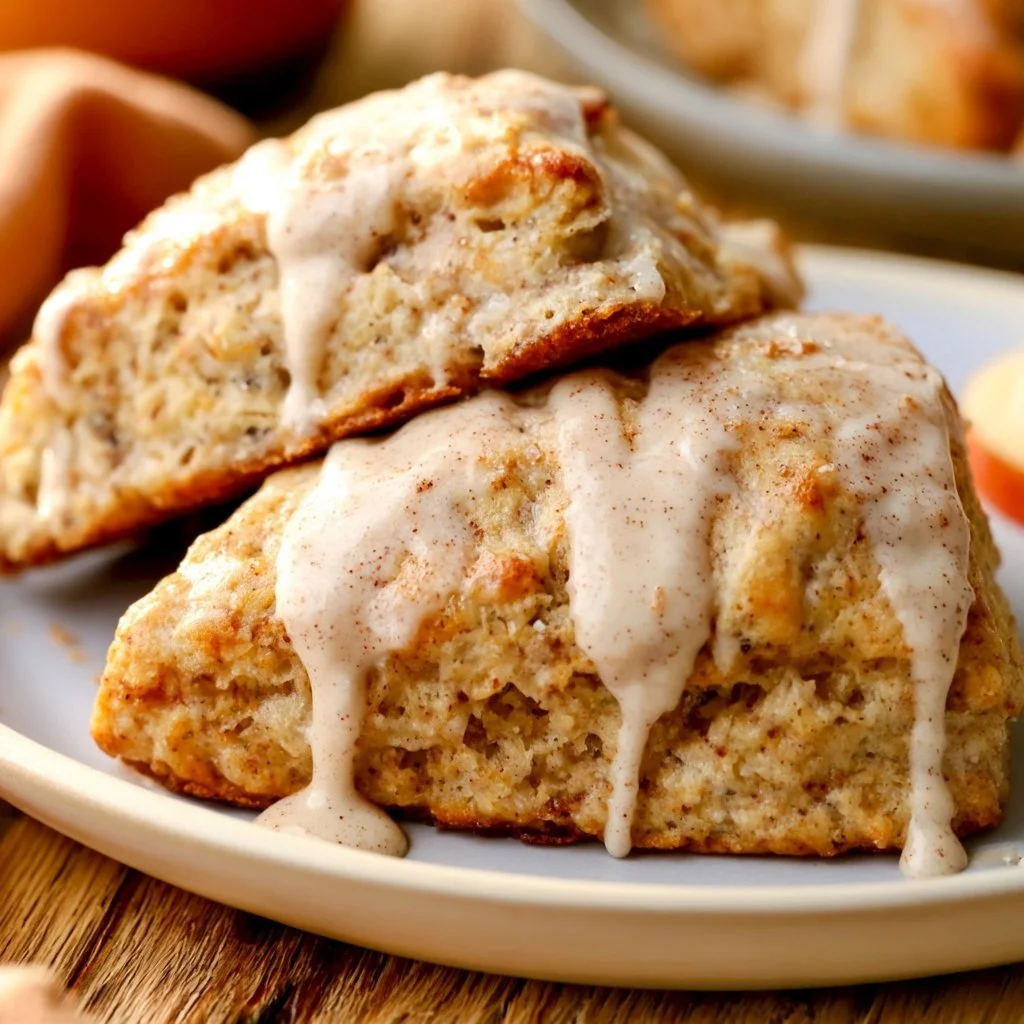 Delicious banana bread scones drizzled with cinnamon cream cheese glaze