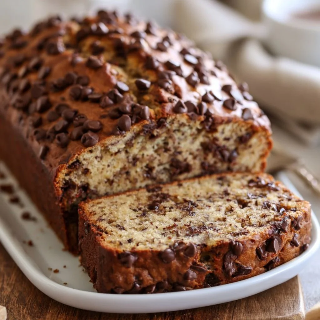 Delicious banana bread with chocolate chips, freshly baked and golden brown
