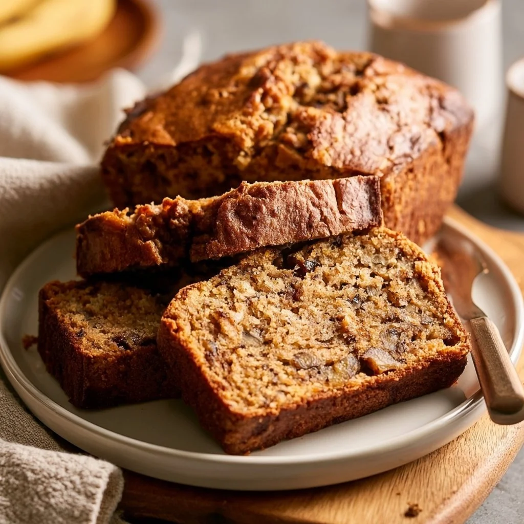 Delicious homemade banana bread sliced on a wooden cutting board